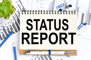 status report, Text on white notepad paper on light background