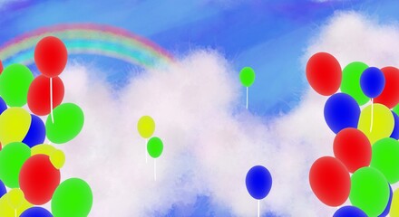 沢山の風船と夏の虹