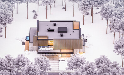 3d rendering of modern cozy house with parking and pool for sale or rent with wood plank facade and beautiful landscaping on background. Cool winter night with cozy light from windows