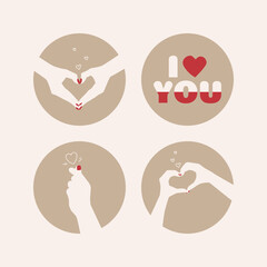 Heart shaped hands. Round icons of love and romance concept. Social media covers. Vector flat isolated illustrations for design.