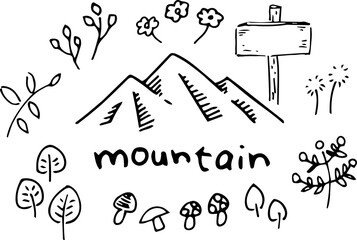 ラフな手書きの植物と山(カラー)