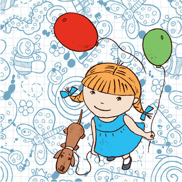 Vector image of little girl with dog and balloons on background of funny doodles insects