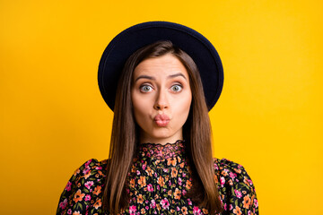 Photo of gorgeous lady kiss lips wear cap vintage clothing isolated on vivid yellow color background