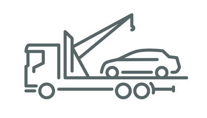 Icon, line silhouette, tow truck with broken car outline 