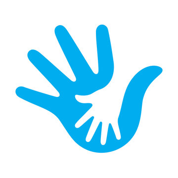 Vector blue hand in hand symbol. Help others. Isolated on white background.