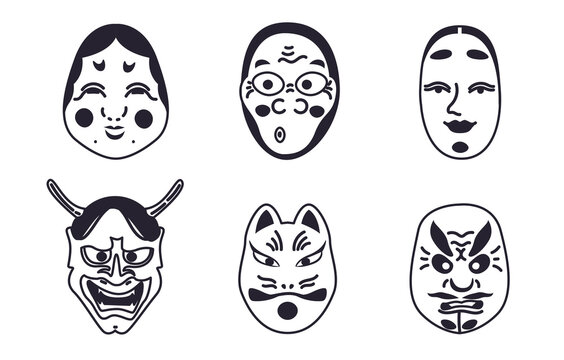 Outline Japanese Kabuki Theater masks collection . Set of various culture, historical elements. Asian mythology symbols cartoon clipart.
