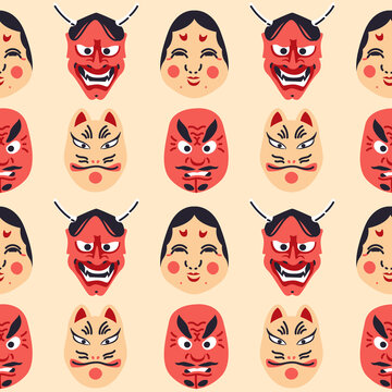 Kabuki Theater seamless pattern vector illustration. Japan mask, okame, oni, hyottoko, tengu, kitsune texture design. Mythology, ethnic background. 