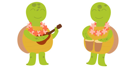 Cute smiling turtles plays drums and ukulele. Hawaiian character. Childrens illustration on white background. Design for card, print, book, kids story, childish decor.