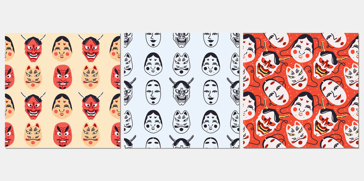 Kabuki Theater seamless pattern vector illustration. Japan mask, okame, oni, hyottoko, tengu, kitsune texture design. Mythology, ethnic background. 