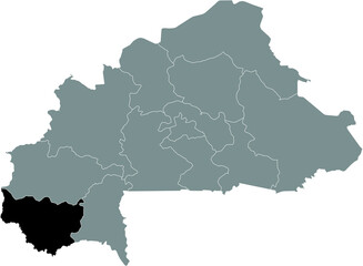 Black location map of Burkinabé Cascades region inside gray map of Burkina Faso