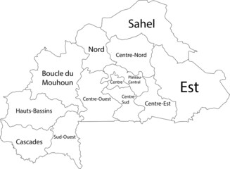 White vector map of Burkina Faso with black borders and names of its regions