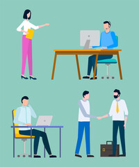 People working in office vector, man sitting by table with laptop and info, lady secretary holding stack of papers documentation, working programmer set