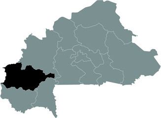 Black location map of Burkinabé Hauts-Bassins region inside gray map of Burkina Faso