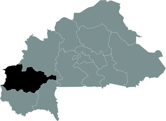 Obraz premium Black location map of Burkinabé Hauts-Bassins region inside gray map of Burkina Faso