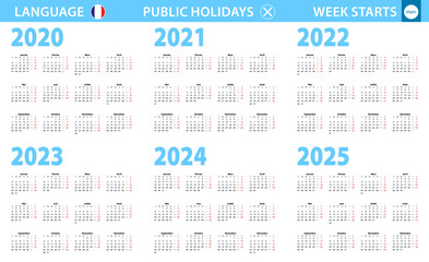 Calendar in French language for year 2020, 2021, 2022, 2023, 2024, 2025. Week starts from Monday.
