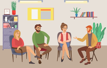 Group of people are sitting together on chairs and talking. The psychologist is asking questions. Conversation between persons and male psychologist or psychotherapist. Family psychotherapy session