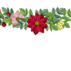 Frame of autumn flowers and leaves: dahlia, zinnia. Hand drawn vector illustration isolated on white background.