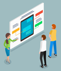 Presentation at board, woman manager show infographics to customers with digital tablet or new model of electronic device, communication with buyers, partners, 3d isometric illustration in flat style
