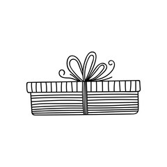 Gift box with ribbon. Hand drawn doodle sketch. Isolated holiday item. Vector image.