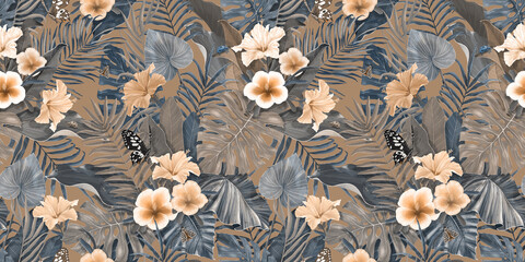 Vintage seamless tropical pattern with hibiscus flowers and leaves. Hawaiian background. Сolorful leaves of colocasia, filodendron, monstera. Exotic wallpaper. Hand drawing for design of fabric, paper © Polina