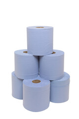 multi pack of industrial sized blue paper towels stacked on top of each other