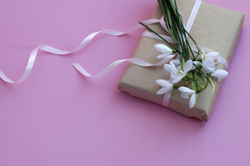 gift, bouquet of snowdrops on a pink background. card for March 8.