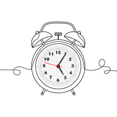 Continuous one line drawing  of an old ringing alarm clock. Vector illustration.Flat style icon ringing alarm clock. Perfect for cards, party invitations, posters, stickers, clothing.