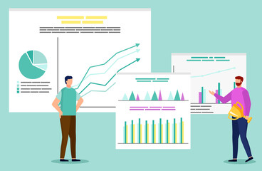 Financial analytics or accounting, research and planning, businessmen and goal achievement vector. Report, market analysis, finance table or graph. Chart statistics, economy and business illustration