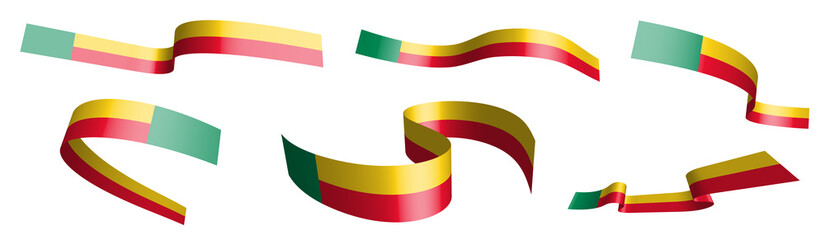 Set of holiday ribbons. Flag of republic of Rwanda waving in wind. Separation into lower and upper layers. Design element. Vector on white background