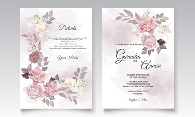  Elegant wedding invitation card with brown  floral and leaves template Premium Vector