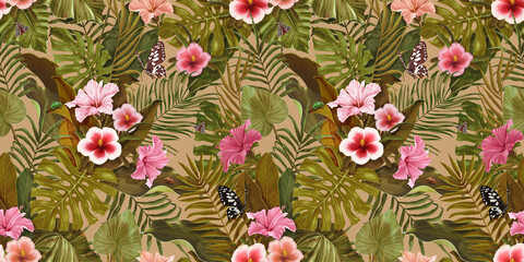 Vintage pattern in Hawaiian style with hibiscus flowers, butterflies, beetles and tropical leaves. Tropical exotic wallpaper. Hand drawing. Palm, monstera, colocasia, banana leaves. 