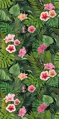 Tuinposter Pink lilies in the garden. Vintage dark floral pattern. Tropical illustration © Polina
