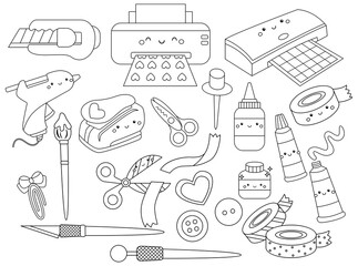 a collection of tools and supplies related to crafting in black and white colour
