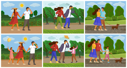 Set of family people images walking in nature. Walking in fresh air with family. Different seasons. Good and bad weather. Spend time with loved ones. Sports and gaming activity. Flat vector image