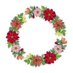 Circle frame of autumn flowers and leaves: dahlia, zinnia. Floral wreath. Hand drawn vector illustration isolated on white background.