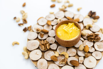Walnut and honeycomb isolated on white background. For products with nuts and honey ingredients.