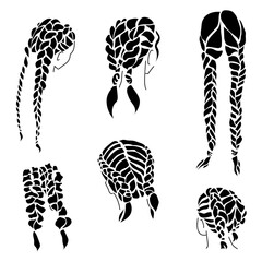 Two braids on hair of different lengths, ornate braided hairstyles silhouettes