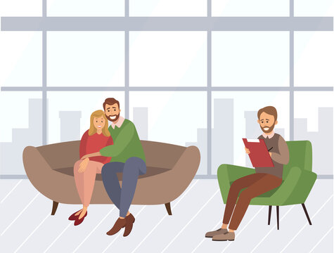 Happy married couple on couch and male psychologist or psychotherapist sitting in front of them in consultation. Resolved family conflict, relationship problem, reconciliation flat illustration