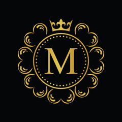 Golden Letter M.  template logo Luxury gold letter with crown. Monogram alphabet . Beautiful royal initials letter.