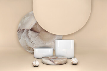 Luxury brown marble circle podium on beige pastel background. Concept scene stage showcase, product, perfume, promotion sale, presentation, cosmetic. 3D illustration
