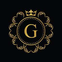 Golden Letter G.  template logo Luxury gold letter with crown. Monogram alphabet . Beautiful royal initials letter.