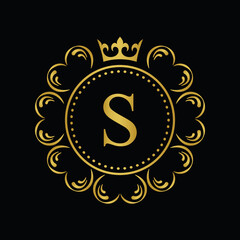 Golden Letter S.  template logo Luxury gold letter with crown. Monogram alphabet . Beautiful royal initials letter.
