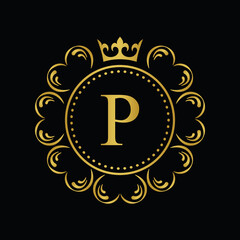Golden Letter P.  template logo Luxury gold letter with crown. Monogram alphabet . Beautiful royal initials letter.