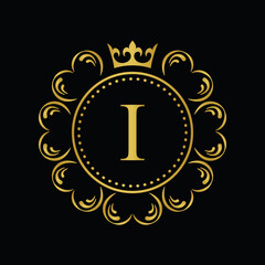 Golden Letter I.  template logo Luxury gold letter with crown. Monogram alphabet . Beautiful royal initials letter.