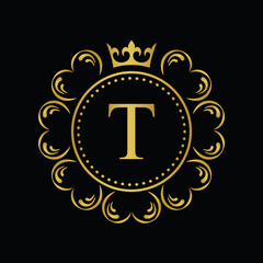 Golden Letter T.  template logo Luxury gold letter with crown. Monogram alphabet . Beautiful royal initials letter.