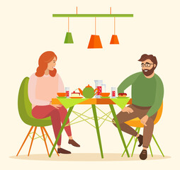 Tasty lunch in the cafe vector illustration. Couple eating desserts and drinking compote. Girlfriend and boyfriend sitting together on a date at coffee shop. Man discussing with woman eating cake