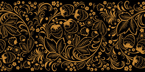 Khokhloma, Russian traditional painted floral pattern. Seamless border. Monochrome pattern on black background.