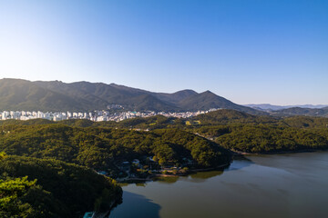 The famous landmark of Busan, South Korea, Hoedong dam and the beautiful city.
