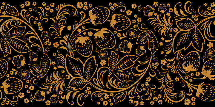 Khokhloma, Russian traditional painted floral pattern. Seamless border. Monochrome pattern on black background.