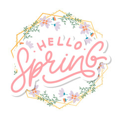 Hello Spring Flowers Text Background Frame lettering slogan